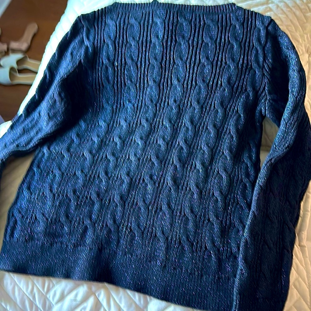 NEW Lauren RL Metallic Holiday Cable  Sweater Boat Neck Navy & Royal Blue